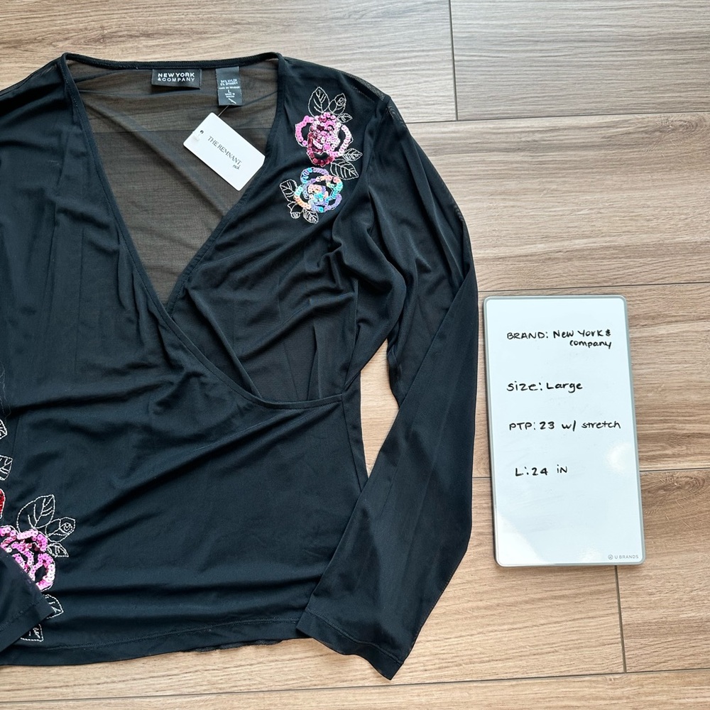 Vintage Y2K Fairy New York & Company Black Mesh Wrap Blouse with Pink Sequins - Picture 11 of 13